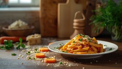 Penne pasta with mixed cheeses and herbs, highlighting cheese diversity and fresh herb addition