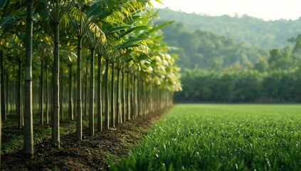 Rubber trees in early growth stage highlighting agroforestry practices, World Environment Day