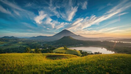 Bird's eye perspective of a volcanic peak surrounded by blooming Tithonia diversifolia flowers close to a city, highlighting natural and urban interface