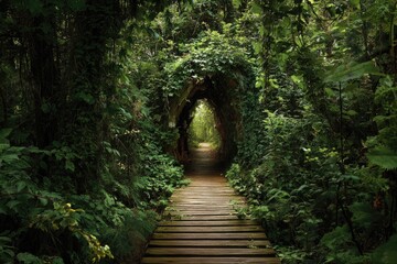 Fototapeta premium Wooden pathway through a lush, verdant tunnel of interwoven foliage, leading toward bright light
