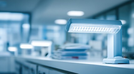 Focused view of sleek LED task lights over a medical workstation with softly blurred background emphasizing energyefficient lighting for enhanced clinical visibility.
