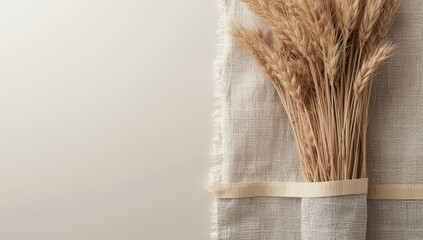 Detailed view of natural yarn on linen fabric with ribbon edge, ideal for layout or textile pattern use