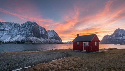 Spring evening at a fishing hut with sunset glow, showcasing seasonal transition in Lofoten islands