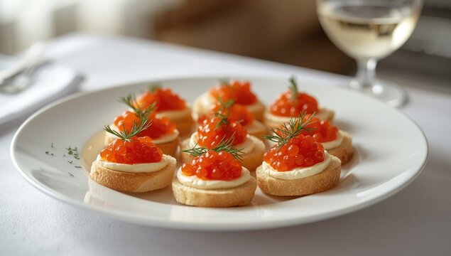 Plate of sandwiches garnished with red caviar, designed for upscale dining and food styling - Powered by Adobe