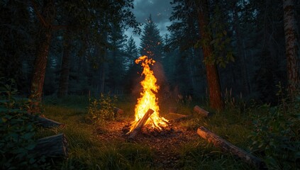 Wood-burning fire in a forest clearing serving as an outdoor activity, highlighting fire safety and environmental preservation