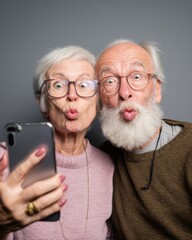Playful Senior Couple Capturing Goofy Mirror Selfie with Smartphone Flash On - Authentic Relationship Fun