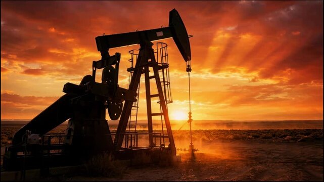 Silhouette of industrial oil pump jack working in arid desert field during dramatic golden sunset with sunbeams, fossil fuel energy production concept, 4k video footage.