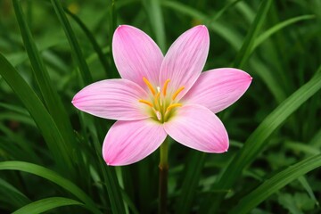 Pink rain lily blossom surrounded by green foliage