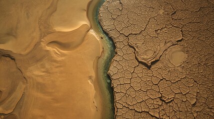 Winding desert river seen from above, highlighting contrast between water and sand.