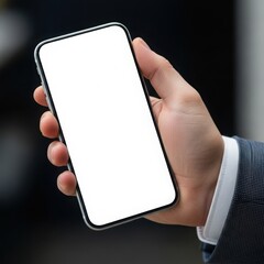 A professional's hand holds a blank white smartphone screen, perfect for a mockup.