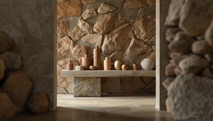 Old stone shelf with weathered textures and small pebbles as a backdrop for product arrangement, emphasizing natural materials