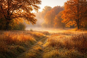 Fototapeta premium Autumn meadows and trees glowing in soft early daylight