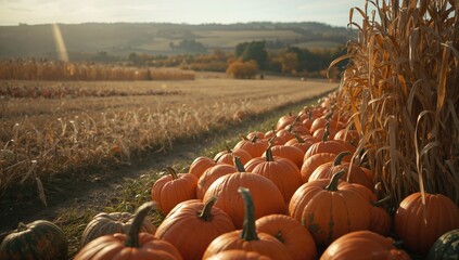 Pumpkin and corn stacked on a farm during harvest season, highlighting autumnal farming practices