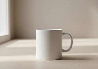 Obraz premium Minimalist white ceramic mug mockup on soft neutral surface with natural window light aesthetic