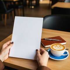A person holds a blank sheet of paper over a wooden table in a cafe setting with coffee and a notebook.