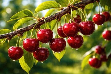 Obraz premium Sour cherries with glossy skin hanging from a woody branch in summer