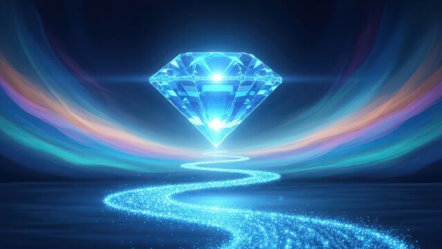 A large blue diamond shines brightly with a glowing trail of light leading to it against a dark background with colorful - Powered by Adobe