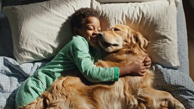Unbreakable Bond: A heartwarming scene unfolds as a young child lovingly embraces his golden retriever, creating a tender moment of companionship and joy.
