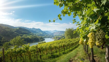 Naklejka premium Terraced vineyard slopes showcasing white riesling grapes maturing in the Mosel river valley, harvest season