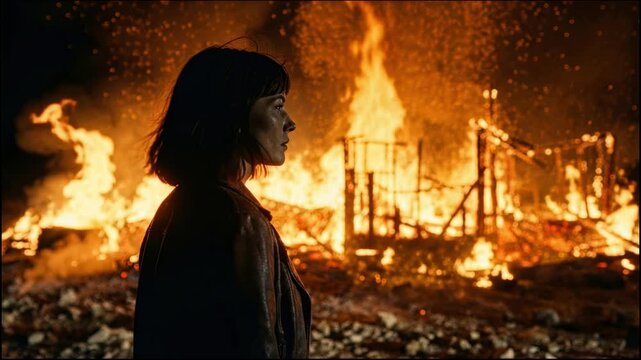 Cinematic footage of a young woman standing in profile watching a massive burning building fire at night with flying embers and dramatic destruction scene in 4k.
