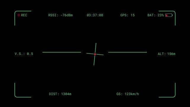 FPV Drone camera viewfinder green interface overlay with flight telemetry indicators. Quadcopter OSD screen and altitude, speed, battery, and GPS data. MOV Alpha Transparent Background