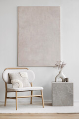 View of modern scandinavian style interior with chair and trendy vase, Home staging and minimalism concept