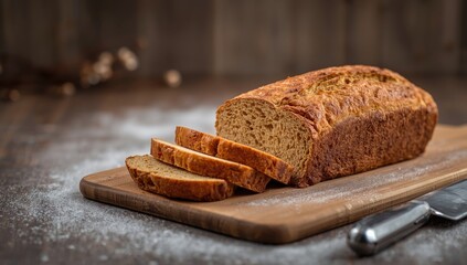 Sliced bread placed on a rustic wooden surface for baking or serving, culinary setting