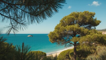 Mediterranean conifers near a bay with turquoise waters, ideal for environmental or travel visual use