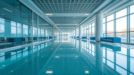 A modern, sleek interior featuring a reflecting pool and large windows, creating a sense of spaciousness and light. The architecture is contemporary, with clean lines and a minimalist aesthetic.