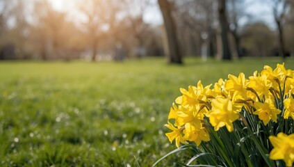 A sprawling field of yellow daffodils serving as a colorful backdrop for editorial headers during spring