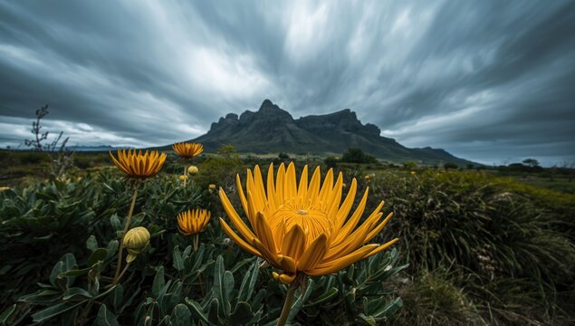 Colorful protea blossoms set against rugged mountain terrain and overcast weather, highlighting natural flora in South Africa