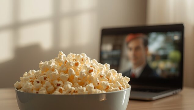 Close-up of a popcorn bowl with a cinema screen in the backdrop, focusing on snack serving for movie nights