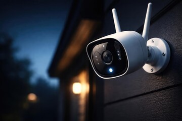 Close up view of wireless smart security camera for home surveillance with copy space