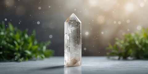 Quartz crystal tower used as a decorative object in a natural setting, mineral preservation awareness