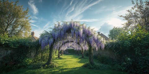Japanese Wisteria in bloom on a rustic garden trellis in rural Somerset, highlighting seasonal growth