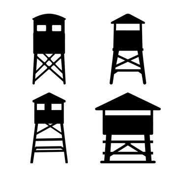 Collection of hunting blind and observation tower silhouettes for outdoor activities