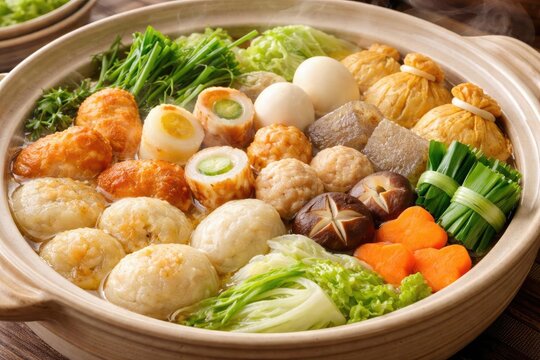 Traditional Japanese oden featuring fish paste dumplings and garden fresh vegetables