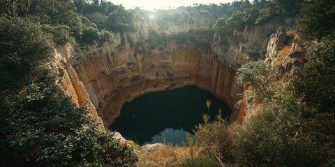 Evolving karst sinkhole developing above an old limestone excavation, enlarging over time, approximately 4.5 to 5 meters wide and 18 meters deep, erosion hazard