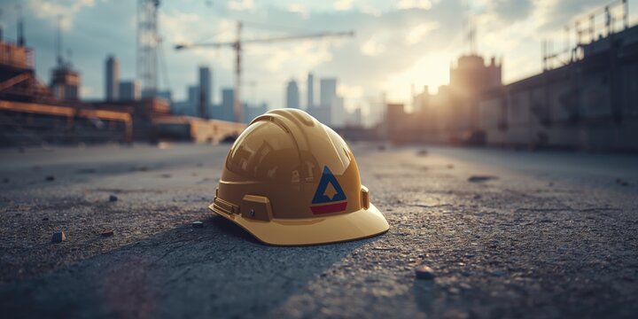 Hard safety helmets in white, yellow, and blue colors worn by engineers on concrete flooring, focusing on workplace safety standards, World Safety Day - Powered by Adobe