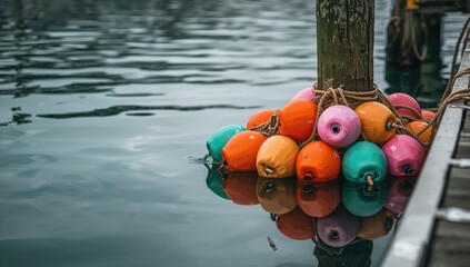 Brightly painted lines and buoy markers on a dock surface, serving as visual guides for boats and ships