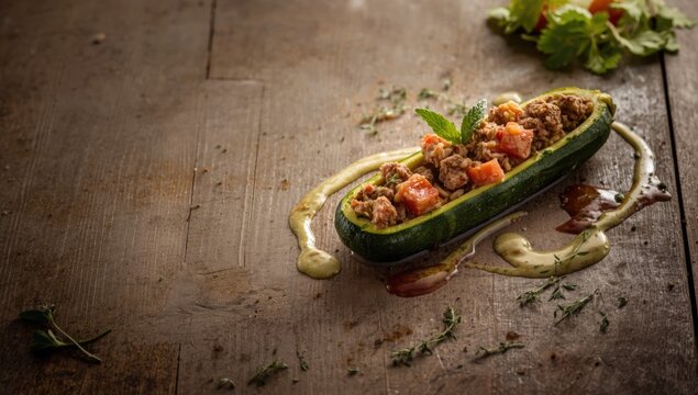 Stuffed zucchini with ground meat, accompanied by multiple sauces, highlighting a balanced dish