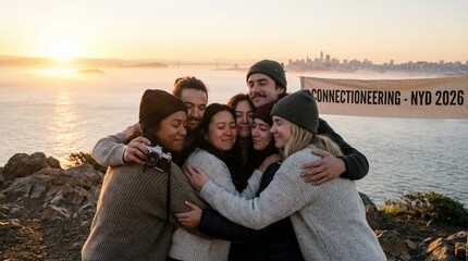 A diverse group of friends embraces in a warm hug on a scenic coastal hilltop overlooking a city skyline at golden hour, symbolizing unity and optimistic future plans