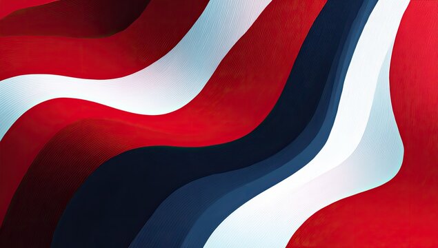 Abstract flowing design with wavy bands of red, white, and dark blue on a textured backdrop - Powered by Adobe