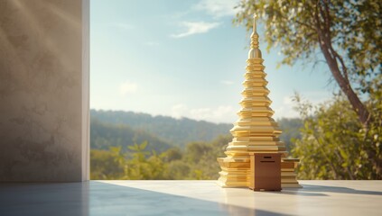 Golden pagoda at a religious site, architectural craftsmanship and spiritual significance