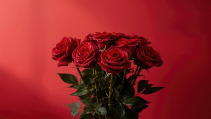 Red roses with green leaves positioned on a red backdrop, suitable for romantic event decorations