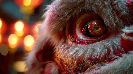 Vibrant Lion Dance Performance during Macao Lunar New Year Celebrations at Night