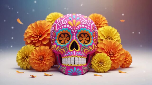 Colorful sugar skull with marigold flowers on a festive background  