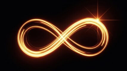 Glowing golden infinity symbol with starburst effect on black background representing eternity and limitless possibilities