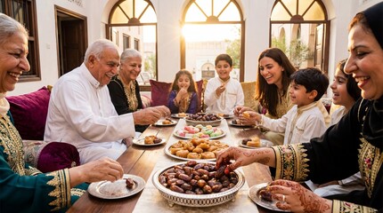 A happy multi-generational family enjoying a festive meal together, sharing food and celebrating togetherness
