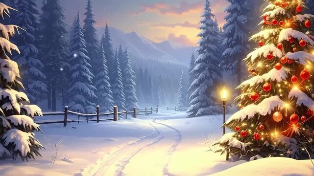 Serene winter wonderland scene with a decorated Christmas tree and snow-covered landscape.